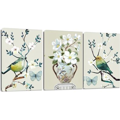 Artscope 3-teiliges Leinwandbild mit Blumen und Vögel Motiv, 30 x 40 cm