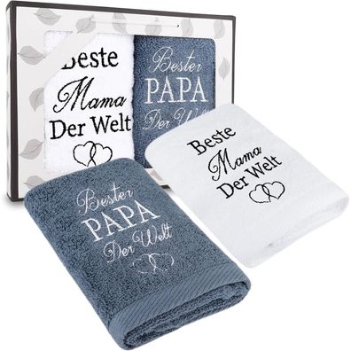 Rebundex Geschenkset für Mama und Papa: Handtücher (2x 35x75 cm) mit Stickerei