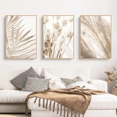 Trayosin 3er Premium Poster Set, Beige Boho Pampasgras Bilder, Moderne