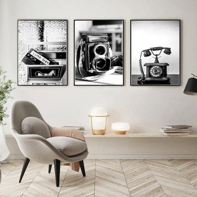 Trayosin 3er Poster Set, Wanddeko Vintage Kameras & Telefone Schwarz Weiß