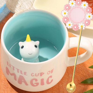 Arawat Einhorn Tasse Geschenk Lustig 3D Tier Teetasse aus Keramik mit Löffel