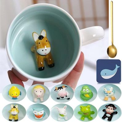 Arawat Esel Tasse 3D Tier Kaffeetasse Keramik 350 ml mit Löffel & Untersetzer