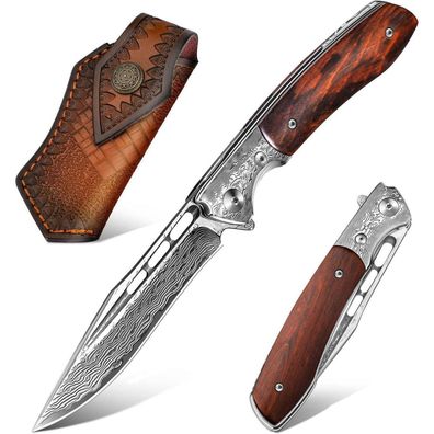 Japaknives Damast Taschenmesser mit Mahagoni Holzgriff, 97 Lagen Damaststahl