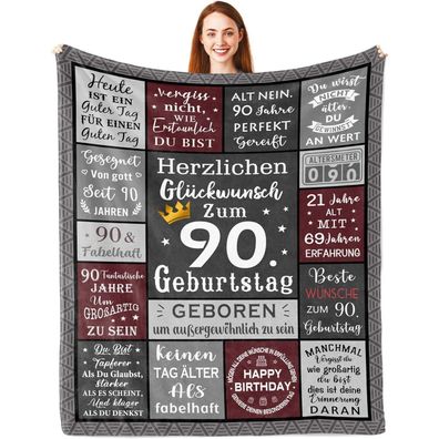 Geschenk 90. Geburtstag Mann Decke 150x130CM - Kuscheldecke für Opa, Papa