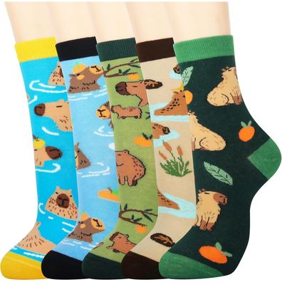 Jeasona 5 Paar Damen Socken Baumwolle Tiermuster Capybara 35-42 Bunt Süß