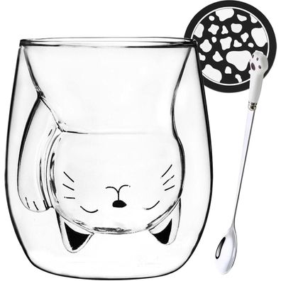 Arawat Doppelwandige Katzen Tasse aus Borosilikatglas mit Henkel, Löffel