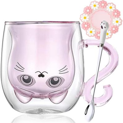 Arawat Doppelwandige Katzen Tasse aus Borosilikatglas mit Löffel & Untersetzer