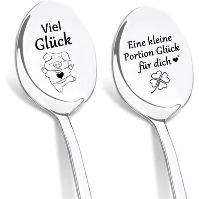 Dikariya 2er Kaffeelöffel Set mit Gravur 'Viel Glück', Schweinchen Design