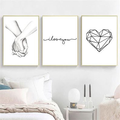 Trayosin 3-teiliges Premium Poster Set, Hand in Hand, Modern Schwarz Weiß Love
