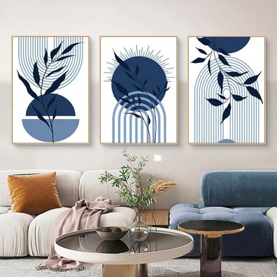 Martin Kench 3er Boho Poster Set Abstrakt Blau Pflanze Blätter Wandbilder für