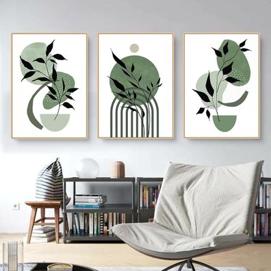 Martin Kench 3er Set Abstrakt Grün Blätter Poster Modern Pflanzen Kunstposter