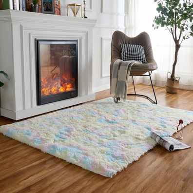 Obundi Hochflor Teppich Regenbogen, weich und waschbar für Wohnzimmer, Küche