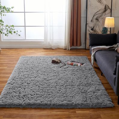 Obundi Flauschiger Hochflor Teppich Grau, Weicher Kuschelteppich für Wohnzimmer