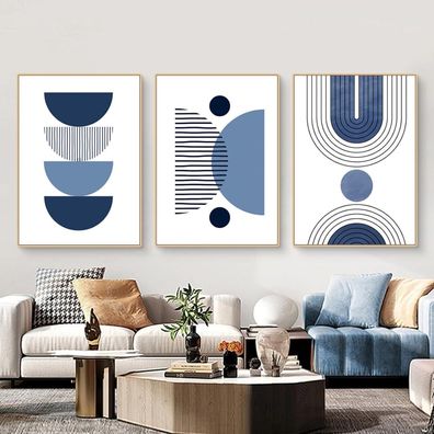 Martin Kench 3er Boho Poster Set Abstrakt Blau Pflanze Blätter Wandbilder für