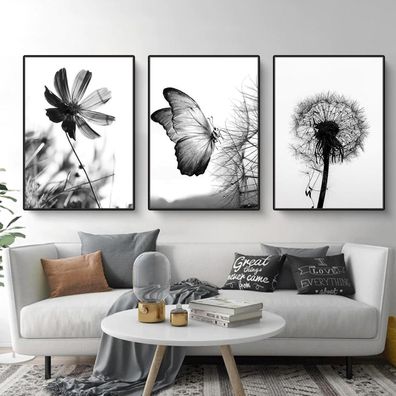 Martin Kench 3er Poster Set Aesthetic Schwarz-Weiß Schmetterling Blume