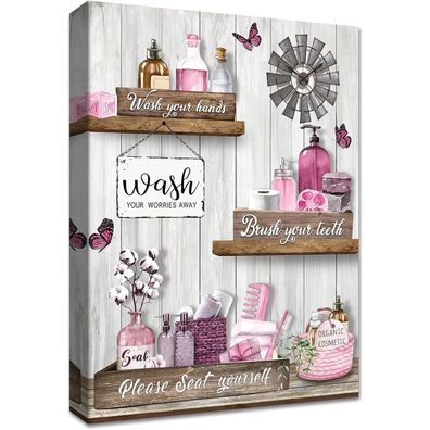 Halflemart Rosa Badezimmer Leinwandbild mit Rahmen "Wash Your Worries Away"