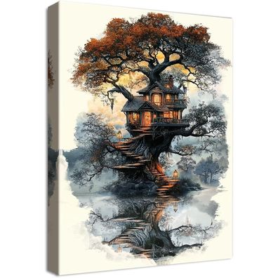 Halflemart Mystischer Wald Baumhaus Leinwand Bild mit Rahmen, Vintage Grau