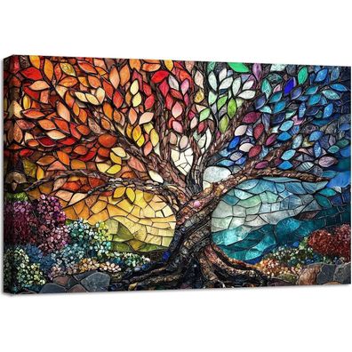 Halflemart Bunter Edelstein Glas Baum des Lebens Leinwand Bild mit Rahmen