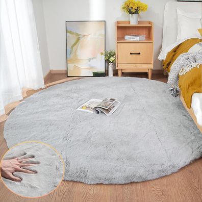 Orinova Teppich Rund Grau Waschbar 180 cm Flauschig Kunstfell für Wohnzimmer