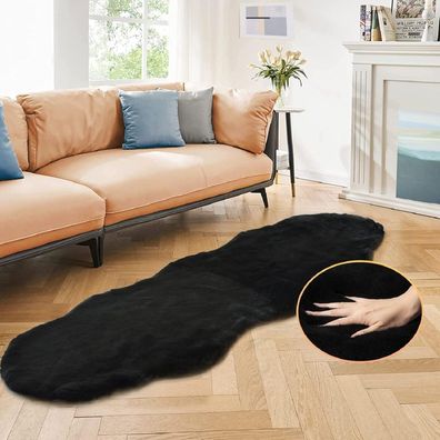 Orinova Fellteppich Kunstfell Schwarz 60x180 cm - Flauschig & Waschbar für