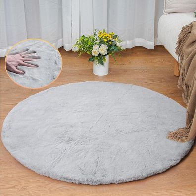 Orinova Runder Kunstfell Teppich Grau Flauschig 90 cm - Waschbar & Langlebig