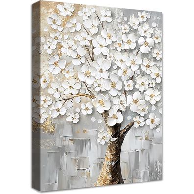 Halflemart Weiße Blumen Baum Leinwand Bild mit Rahmen, Abstrakte Wandkunst für