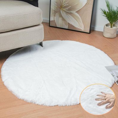 Orinova Runder Kunstfell Teppich Flauschig Weiß 120 cm Waschbar für Wohnzimmer