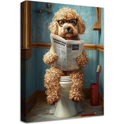 Halflemart Lustiges Pudel auf Toilette Zeitung Leinwand Bild mit Rahmen