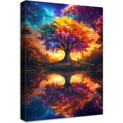 Halflemart Bunter Lebensbaum Leinwandbild mit Rahmen, Astral Sonnenuntergang