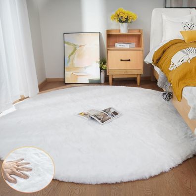 Orinova Teppich Rund 180 cm Weiß Flauschig Kunstfell Teppich für Wohnzimmer