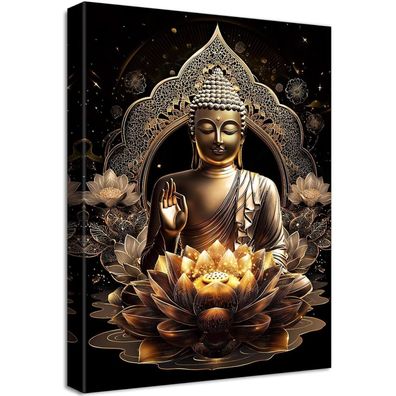 Halflemart Bronze Buddha Statue Leinwandbild mit Rahmen, Lotusblumen Zen Spa