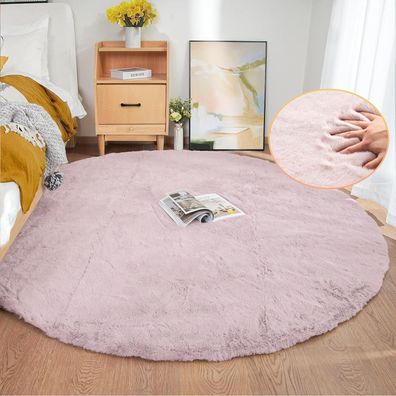 Orinova Teppich Rund 180 cm Flauschiger Kunstfell Teppich Rosa/Altrosa Waschbar