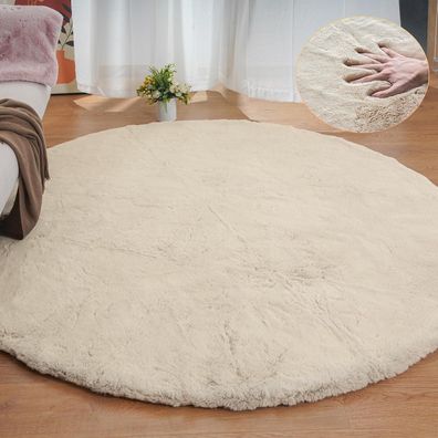 Orinova Teppich Rund 240 cm Beige Flauschig Weich Waschbar Kunstfell für