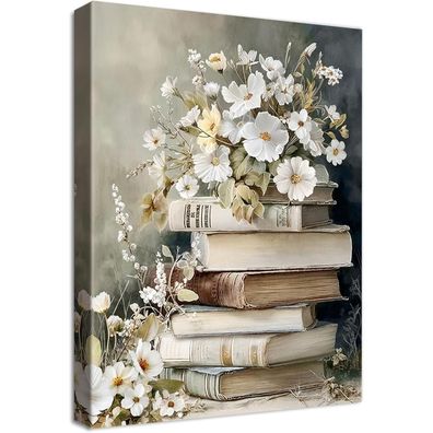 Halflemart Vintage Blumenbücher Wandkunst auf Leinwand mit Rahmen, Dunkle