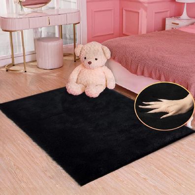 Orinova Flauschiger Kunstfell Teppich 90x150 cm Schwarz Waschbar für