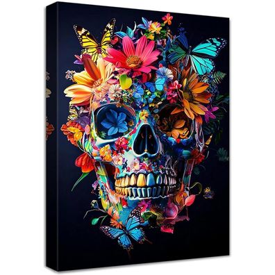 Halflemart Bunte Chrysantheme & Totenkopf Leinwandbild mit Rahmen
