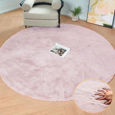 Orinova Runder Teppich Rosa 150 cm Flauschiger Kunstfell Teppich für