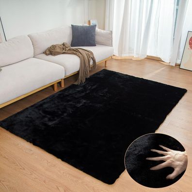 Orinova Kunstfell Teppich waschbar, flauschig, schwarz, 120x180 cm für