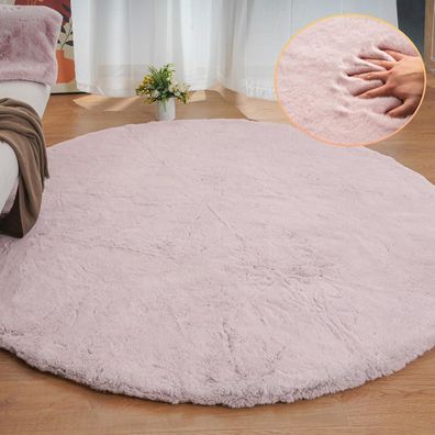Orinova Teppich Rund 240 cm Rosa Flauschig Weich Kunstfell Waschbar für