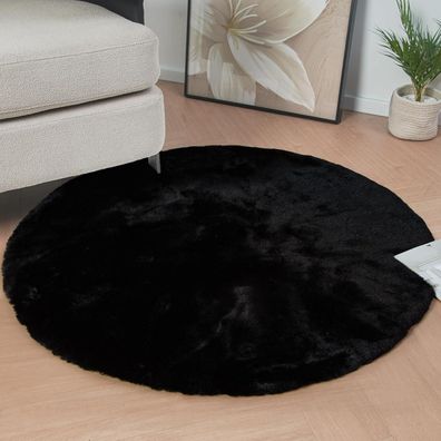 Orinova Runder Teppich Schwarz Flauschig 120 cm Kunstfell Weich Waschbar für