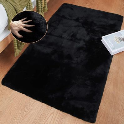 Orinova Flauschiger Kunstfell Teppich, 60x90 cm, Schwarz, Waschbar, Weich für
