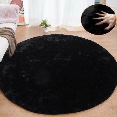 Orinova Teppich Rund 240 cm Schwarz Flauschig Weich Waschbar Kunstfell für