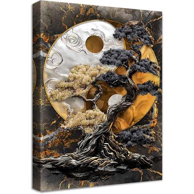 Halflemart Qian Yin Yang Baum Leinwandbild mit Rahmen, Schwarz Braun Silber