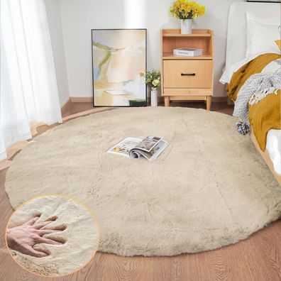 Orinova Teppich Rund Beige 180 cm Flauschig Kunstfell Kuschlig Waschbar