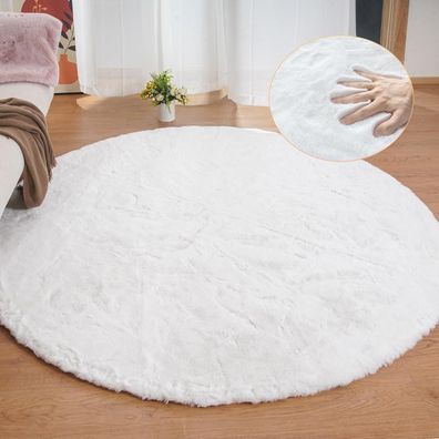 Orinova Teppich Rund 240 cm Weiß Flauschig Kunstfell Weich Waschbar für