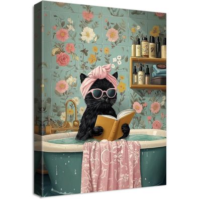 Halflemart Lustige schwarze Katze Leinwand Bild mit Rahmen, Niedliche Katze