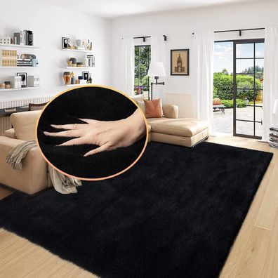 Orinova Kunstfell Teppich 180x270 cm Schwarz Flauschig Waschbar für Wohnzimmer