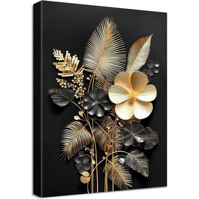 Halflemart 3D Schwarzgold Blumen Leinwandbild mit Rahmen, Tropische