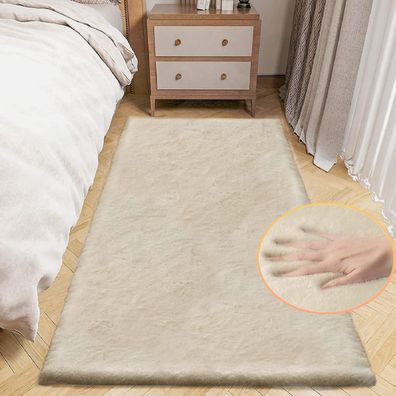 Orinova Teppich Läufer Beige Flauschig Waschbar 60x180 cm Kunstfell Bettvorleger