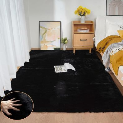 Orinova Teppich 150x215 cm Schwarz Flauschig Kunstfell Waschbar für Wohnzimmer